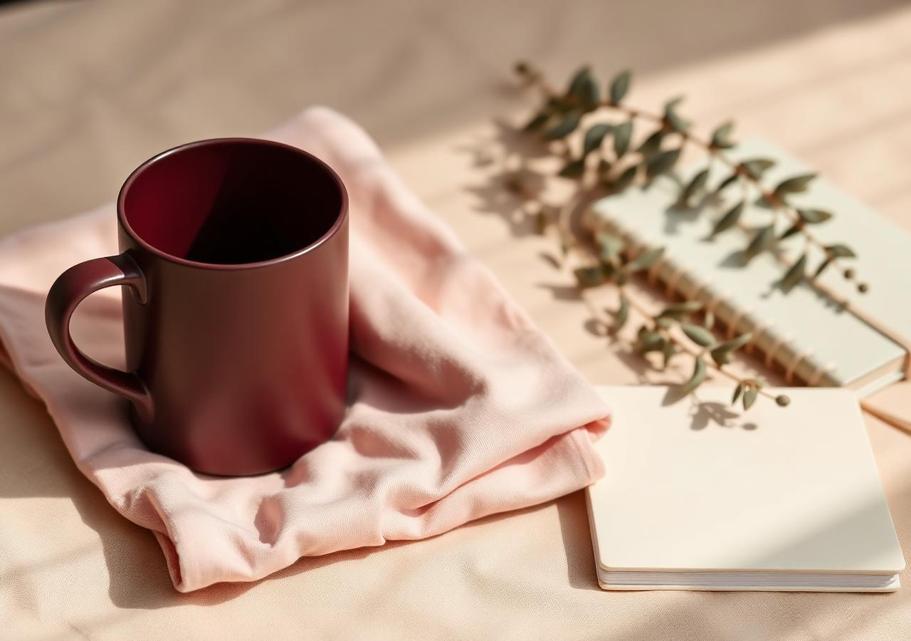 A burgundy ceramic mug resting on a folded blush cotton tee beside a cream notebook